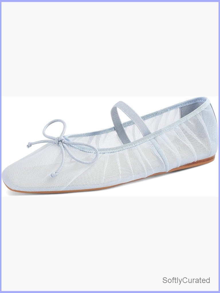Mesh Ballet Flats Square Toe Bow Mary Jane Tulle Dress Casual Shoes